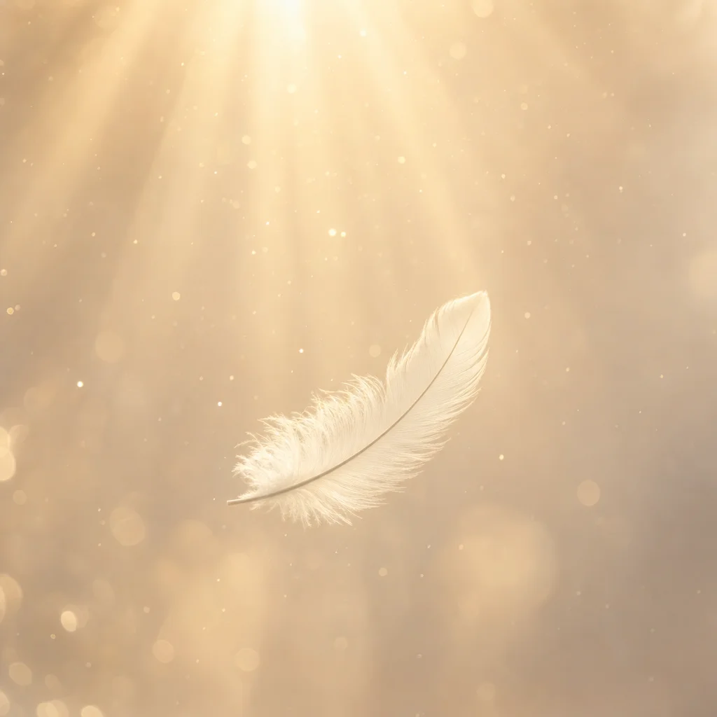 Eine einzelne weiße Feder schwebt langsam durch einen Strahl aus goldenem Licht