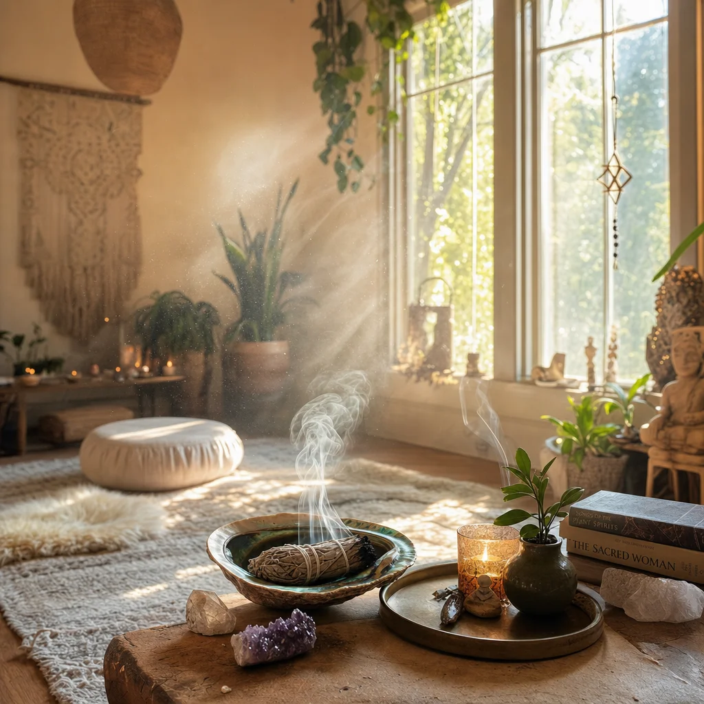 Ein lichtdurchfluteter Raum mit Sonnenstrahlen, tanzenden Staubpartikeln und Salbei